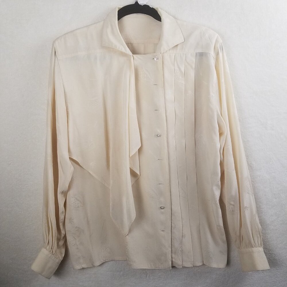 Escada cream silk dress blouse A-symetrical pleated button closure womens 38